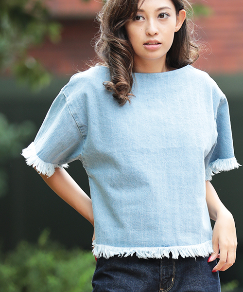 Denime(ドゥニーム)の「DENIM FRINGE TOPS/デニムフリンジトップス(Tシャツ/カットソー・レディース・インディゴブルー/ライトインディゴブルー・FREE)」の7枚目の写真