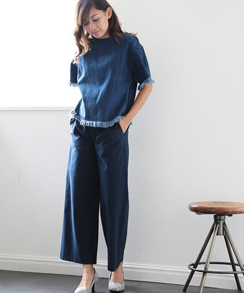 Denime(ドゥニーム)の「DENIM FRINGE TOPS/デニムフリンジトップス(Tシャツ/カットソー・レディース・インディゴブルー/ライトインディゴブルー・FREE)」の3枚目の写真