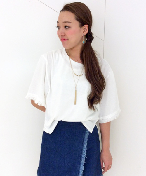 VENCEEXCHANGE（ヴァンスエクスチェンジ）の「袖フリンジTシャツ            （Tシャツ/カットソー・レディース・オフホワイト/オリーブ/オレンジ・MEDIUM）」の2枚目の写真