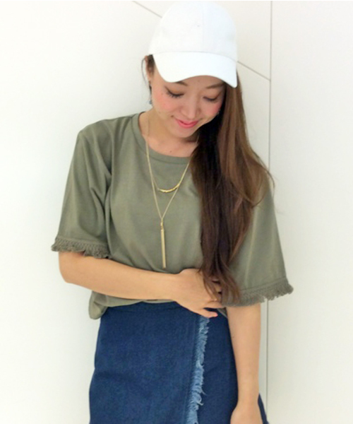 VENCEEXCHANGE（ヴァンスエクスチェンジ）の「袖フリンジTシャツ            （Tシャツ/カットソー・レディース・オフホワイト/オリーブ/オレンジ・MEDIUM）」の3枚目の写真