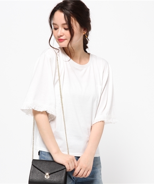 VENCEEXCHANGE（ヴァンスエクスチェンジ）の「袖フリンジTシャツ            （Tシャツ/カットソー・レディース・オフホワイト/オリーブ/オレンジ・MEDIUM）」の13枚目の写真