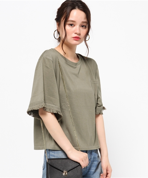 VENCEEXCHANGE（ヴァンスエクスチェンジ）の「袖フリンジTシャツ            （Tシャツ/カットソー・レディース・オフホワイト/オリーブ/オレンジ・MEDIUM）」の14枚目の写真