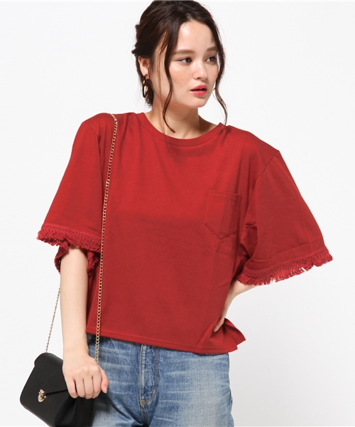 VENCEEXCHANGE（ヴァンスエクスチェンジ）の「袖フリンジTシャツ            （Tシャツ/カットソー・レディース・オフホワイト/オリーブ/オレンジ・MEDIUM）」の12枚目の写真