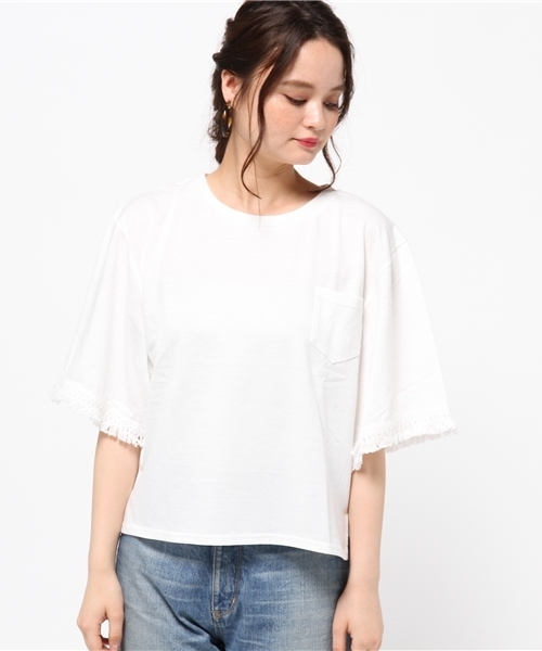 VENCEEXCHANGE（ヴァンスエクスチェンジ）の「袖フリンジTシャツ            （Tシャツ/カットソー・レディース・オフホワイト/オリーブ/オレンジ・MEDIUM）」の4枚目の写真