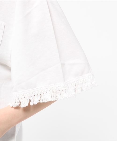 VENCEEXCHANGE（ヴァンスエクスチェンジ）の「袖フリンジTシャツ            （Tシャツ/カットソー・レディース・オフホワイト/オリーブ/オレンジ・MEDIUM）」の8枚目の写真