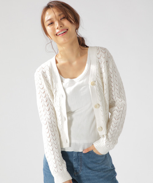 BAYFLOW(ベイフロー)の「スカシアミショートカーディガン(カーディガン/ボレロ・レディース・オフホワイト/ラベンダー・MEDIUM)」の2枚目の写真