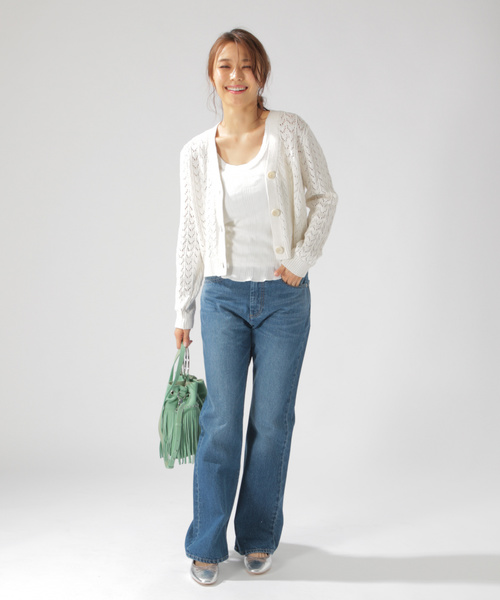 BAYFLOW(ベイフロー)の「スカシアミショートカーディガン(カーディガン/ボレロ・レディース・オフホワイト/ラベンダー・MEDIUM)」の7枚目の写真
