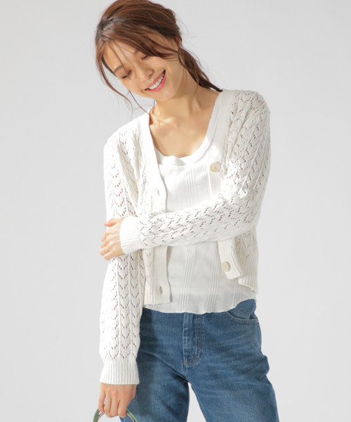 BAYFLOW(ベイフロー)の「スカシアミショートカーディガン(カーディガン/ボレロ・レディース・オフホワイト/ラベンダー・MEDIUM)」の11枚目の写真