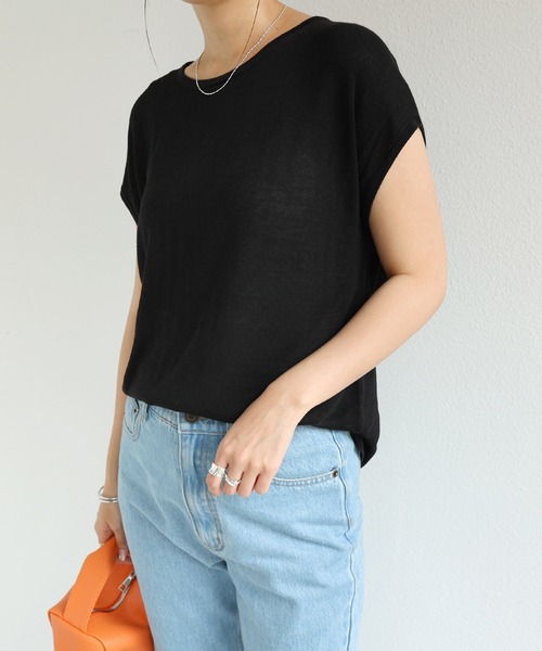 andme(アンドミー)の「麻レーヨンフレンチスリーブニットトップス(ニット/セーター・レディース・ブラック/オフホワイト/カーキ/ベージュ/ライトグレー・M/L)」の6枚目の写真