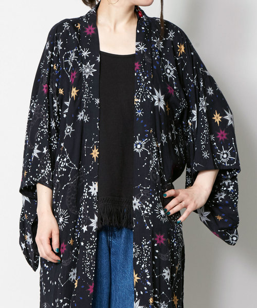 チャイハネ(チャイハネ)の「【チャイハネ】夜空の星柄キモノスリーブロングカーディガン(カーディガン/ボレロ・レディース・ブラック/ネイビー/イエロー・FREE)」の9枚目の写真
