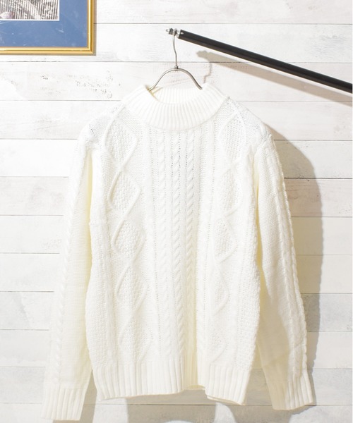 B.I.D.（ビーアイディー）の「ケーブルモックネックニット（ニット/セーター・レディース・アイボリー/マスタード/オフホワイト/ブルー/カーキ/ベージュ/ワイン/ダークグリーン/モカ/キャメル/オリーブ/ブラック/グレー/ネイビー/ブラウン・M/L/LL）」の21枚目の写真