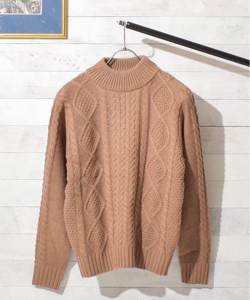 B.I.D.（ビーアイディー）の「ケーブルモックネックニット（ニット/セーター・レディース・アイボリー/マスタード/オフホワイト/ブルー/カーキ/ベージュ/ワイン/ダークグリーン/モカ/キャメル/オリーブ/ブラック/グレー/ネイビー/ブラウン・M/L/LL）」の19枚目の写真