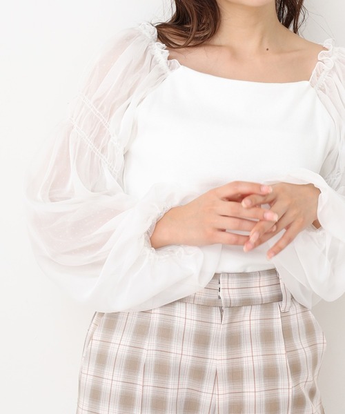 one after another NICE CLAUP（ワンアフターアナザーナイスクラップ）の「袖ドットチュールテレコトップス（Tシャツ/カットソー・レディース・ライトブラウン/オフホワイト/ブラック/ライトグレー・FREE）」の2枚目の写真