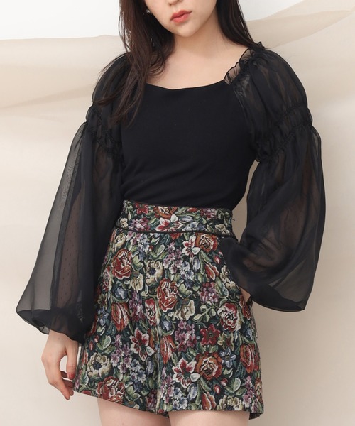 one after another NICE CLAUP（ワンアフターアナザーナイスクラップ）の「袖ドットチュールテレコトップス（Tシャツ/カットソー・レディース・ライトブラウン/オフホワイト/ブラック/ライトグレー・FREE）」の3枚目の写真