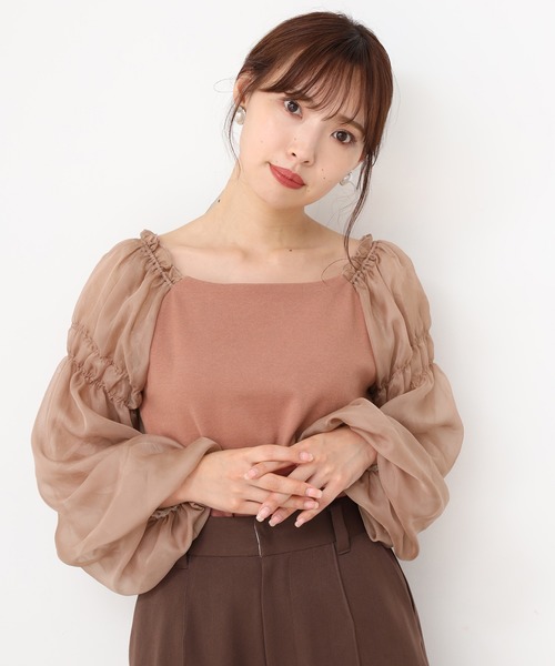 one after another NICE CLAUP（ワンアフターアナザーナイスクラップ）の「袖ドットチュールテレコトップス（Tシャツ/カットソー・レディース・ライトブラウン/オフホワイト/ブラック/ライトグレー・FREE）」の9枚目の写真