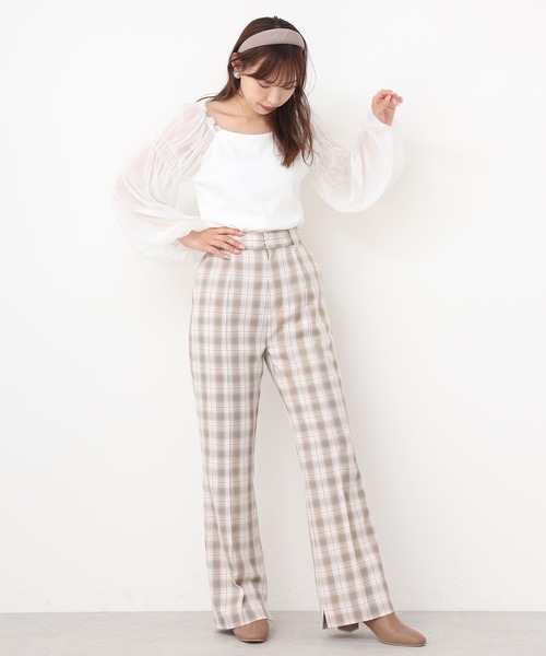 one after another NICE CLAUP（ワンアフターアナザーナイスクラップ）の「袖ドットチュールテレコトップス（Tシャツ/カットソー・レディース・ライトブラウン/オフホワイト/ブラック/ライトグレー・FREE）」の20枚目の写真