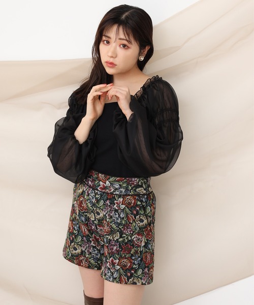 one after another NICE CLAUP（ワンアフターアナザーナイスクラップ）の「袖ドットチュールテレコトップス（Tシャツ/カットソー・レディース・ライトブラウン/オフホワイト/ブラック/ライトグレー・FREE）」の8枚目の写真