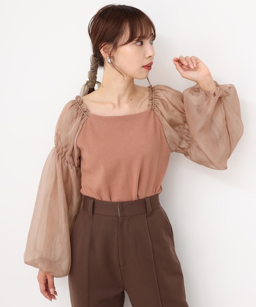 one after another NICE CLAUP（ワンアフターアナザーナイスクラップ）の「袖ドットチュールテレコトップス（Tシャツ/カットソー・レディース・ライトブラウン/オフホワイト/ブラック/ライトグレー・FREE）」の22枚目の写真