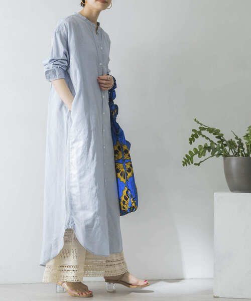 URBAN RESEARCH（アーバンリサーチ）の「UR TECH(UVカット・接触冷感・吸水速乾)+抗菌 機能付 バンドカラーワンピース（ワンピース・レディース・オフホワイト/ブルー系その他/パープル系その他/ストライプ・FREE）」の11枚目の写真