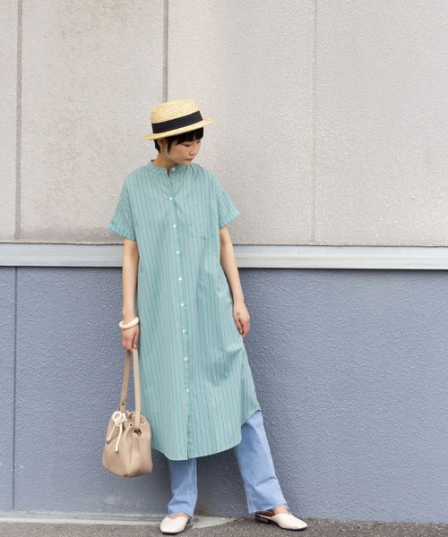 me+em select（ミームセレクト）の「スタンドカラーストライプロングシャツワンピース（シャツワンピース・レディース・グリーン/グレー系その他・FREE）」の17枚目の写真