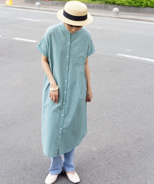 me+em select（ミームセレクト）の「スタンドカラーストライプロングシャツワンピース（シャツワンピース・レディース・グリーン/グレー系その他・FREE）」の19枚目の写真