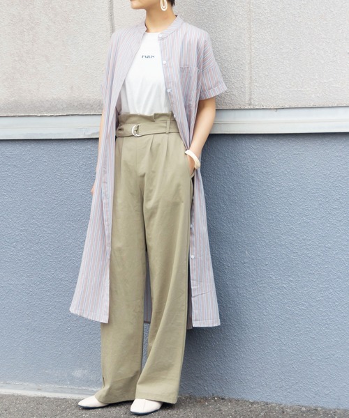 me+em select（ミームセレクト）の「スタンドカラーストライプロングシャツワンピース（シャツワンピース・レディース・グリーン/グレー系その他・FREE）」の7枚目の写真