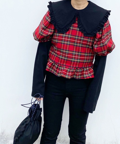 HOLIDAY（ホリデイ）の「WOOL CHECK PUFF TOPS ウールチェックパフトップス（シャツ/ブラウス・レディース・レッド・1/0）」の6枚目の写真
