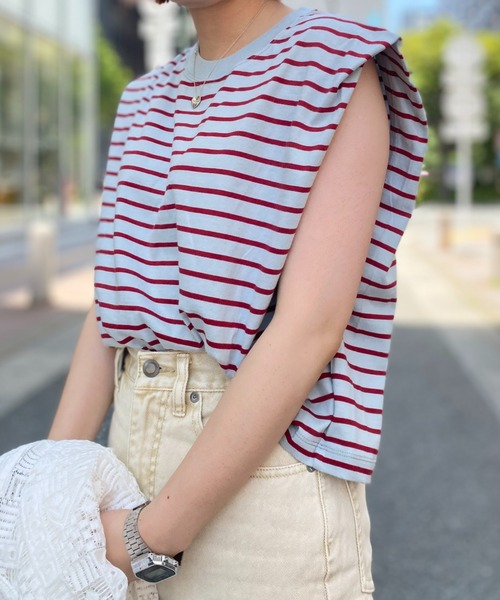 CIAOPANIC（チャオパニック）の「ボーダーボックスノースリーブTシャツ（Tシャツ/カットソー・レディース・ブラック/サックスブルー/ブルー・FREE）」の3枚目の写真