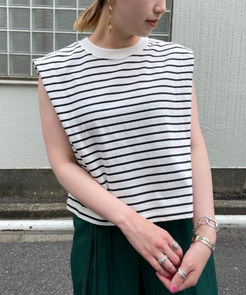 CIAOPANIC（チャオパニック）の「ボーダーボックスノースリーブTシャツ（Tシャツ/カットソー・レディース・ブラック/サックスブルー/ブルー・FREE）」の2枚目の写真