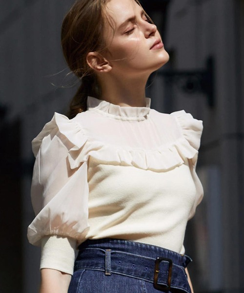 NOELA（ノエラ）の「シアー素材ドッキングニット（ニット/セーター・レディース・オフホワイト/ピンク/ブラック・FREE）」の2枚目の写真