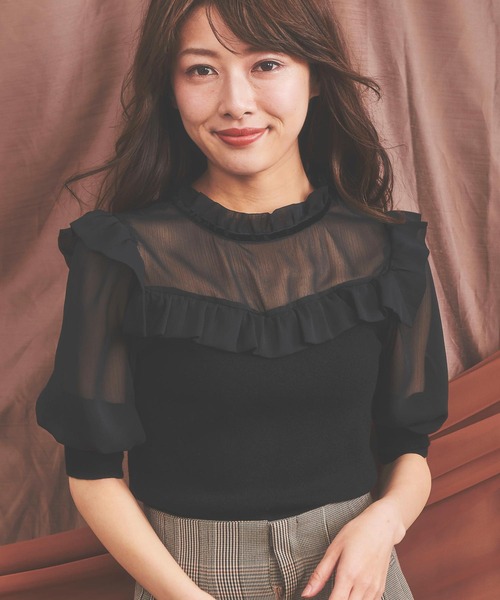 NOELA（ノエラ）の「シアー素材ドッキングニット（ニット/セーター・レディース・オフホワイト/ピンク/ブラック・FREE）」の3枚目の写真