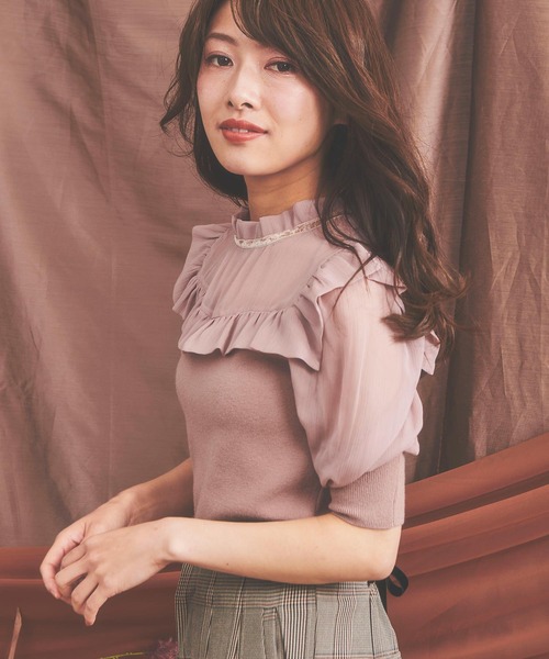 NOELA（ノエラ）の「シアー素材ドッキングニット（ニット/セーター・レディース・オフホワイト/ピンク/ブラック・FREE）」の4枚目の写真