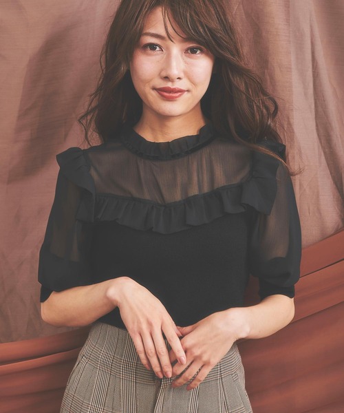 NOELA（ノエラ）の「シアー素材ドッキングニット（ニット/セーター・レディース・オフホワイト/ピンク/ブラック・FREE）」の9枚目の写真