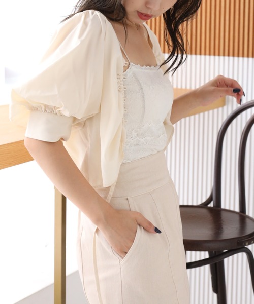 one after another NICE CLAUP(ワンアフターアナザーナイスクラップ)の「フロントギャザーブラウス(シャツ/ブラウス・レディース・ブラック/アイボリー/ミント/ドット・FREE)」の2枚目の写真