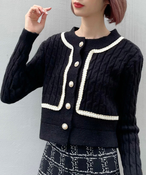 titty＆Co. PETIT（ティティアンドコープティ）の「【titty&Co.PETIT】パイピングパール釦ニットカーディガン（カーディガン/ボレロ・レディース・ブラック/ホワイト・FREE）」の5枚目の写真