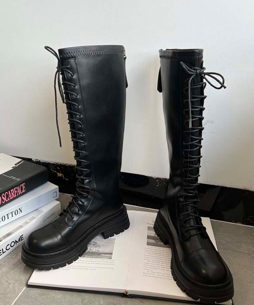 aimoha(アイモハ)の「紐づけフェイクレザー厚底ロングブーツ(ブーツ・レディース・ブラック/ベージュ・24.5cm/24.0cm/22.5cm/23.0cm/23.5cm)」の4枚目の写真