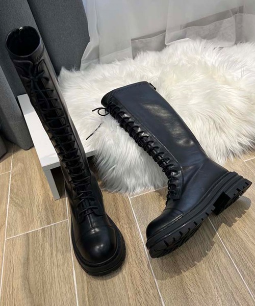 セール】紐づけフェイクレザー厚底ロングブーツ（ブーツ