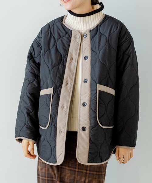 TRIANGLE PALETTE（トライアングルパレット）の「ノーカラー キルティング ジャケット（ノーカラージャケット・レディース・アイボリー/ブラック/カーキ/モカ/オリーブ/グレイッシュベージュ/ホワイト系/ブラック系/ブラウン・FREE）」の4枚目の写真