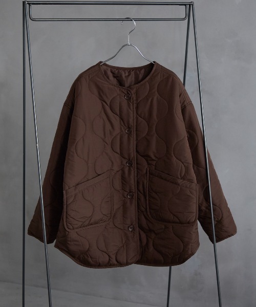 美品 Super Beauty キルティング風バルーン袖ノーカラージャケット THIN PADDEDキルトバルーンジャケット