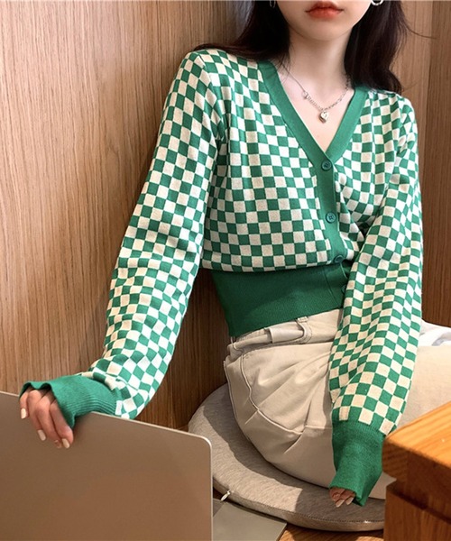 Jewelobe（ジュエローブ）の「チェッカー柄コンパクトカーディガン（カーディガン/ボレロ・レディース・ブラック/グリーン・FREE）」の3枚目の写真