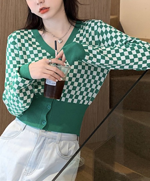 Jewelobe（ジュエローブ）の「チェッカー柄コンパクトカーディガン（カーディガン/ボレロ・レディース・ブラック/グリーン・FREE）」の4枚目の写真