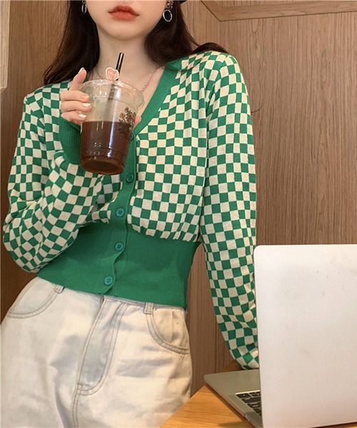 Jewelobe（ジュエローブ）の「チェッカー柄コンパクトカーディガン（カーディガン/ボレロ・レディース・ブラック/グリーン・FREE）」の5枚目の写真