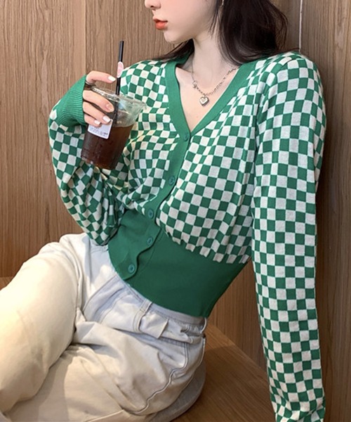 Jewelobe（ジュエローブ）の「チェッカー柄コンパクトカーディガン（カーディガン/ボレロ・レディース・ブラック/グリーン・FREE）」の6枚目の写真