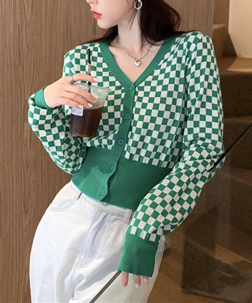Jewelobe（ジュエローブ）の「チェッカー柄コンパクトカーディガン（カーディガン/ボレロ・レディース・ブラック/グリーン・FREE）」の7枚目の写真