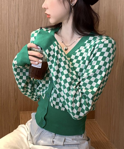 Jewelobe（ジュエローブ）の「チェッカー柄コンパクトカーディガン（カーディガン/ボレロ・レディース・ブラック/グリーン・FREE）」の8枚目の写真