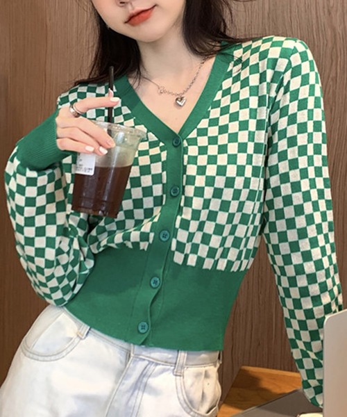 Jewelobe（ジュエローブ）の「チェッカー柄コンパクトカーディガン（カーディガン/ボレロ・レディース・ブラック/グリーン・FREE）」の9枚目の写真