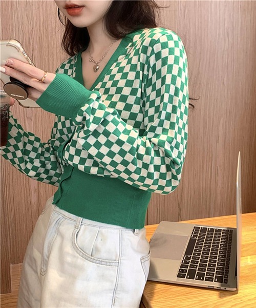 Jewelobe（ジュエローブ）の「チェッカー柄コンパクトカーディガン（カーディガン/ボレロ・レディース・ブラック/グリーン・FREE）」の11枚目の写真