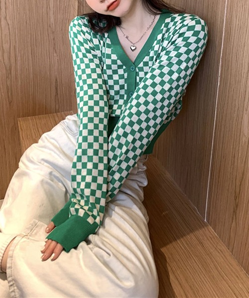Jewelobe（ジュエローブ）の「チェッカー柄コンパクトカーディガン（カーディガン/ボレロ・レディース・ブラック/グリーン・FREE）」の12枚目の写真