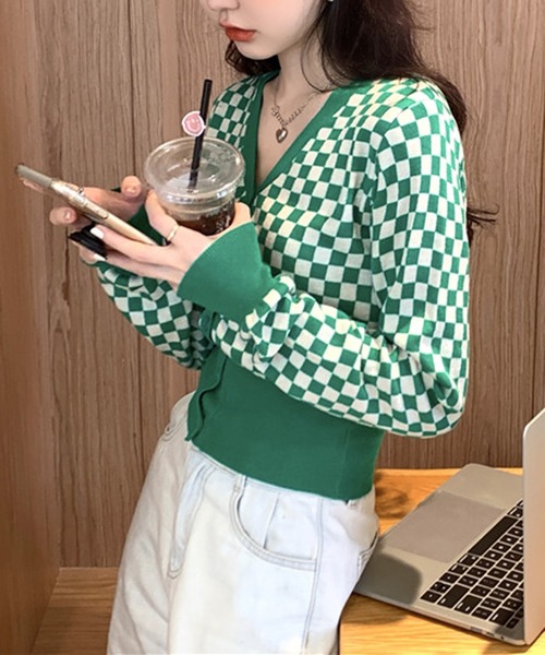 Jewelobe（ジュエローブ）の「チェッカー柄コンパクトカーディガン（カーディガン/ボレロ・レディース・ブラック/グリーン・FREE）」の13枚目の写真