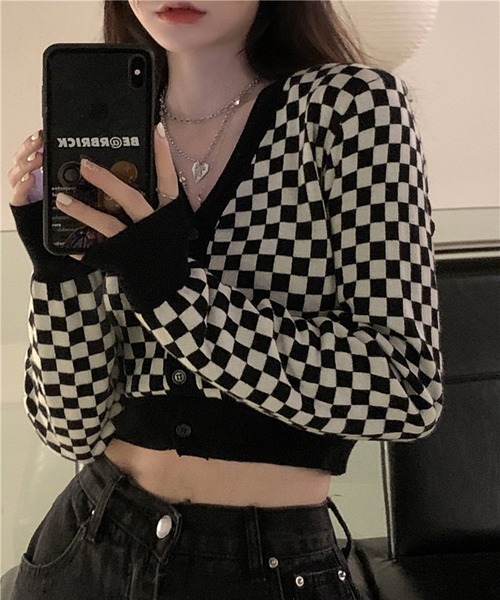 Jewelobe（ジュエローブ）の「チェッカー柄コンパクトカーディガン（カーディガン/ボレロ・レディース・ブラック/グリーン・FREE）」の18枚目の写真